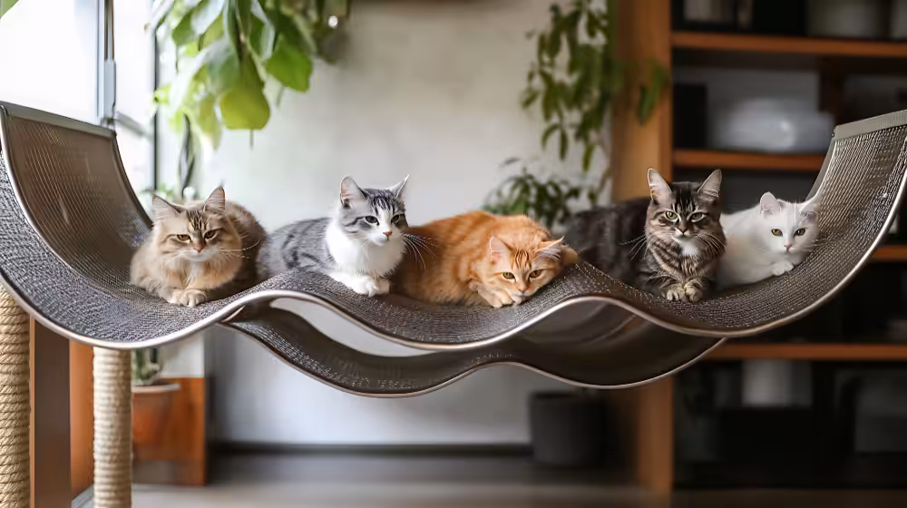 cinco gatos deitados juntos