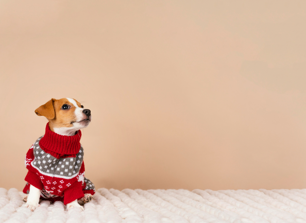 cachorro branco e caramelo com roupa de frio
