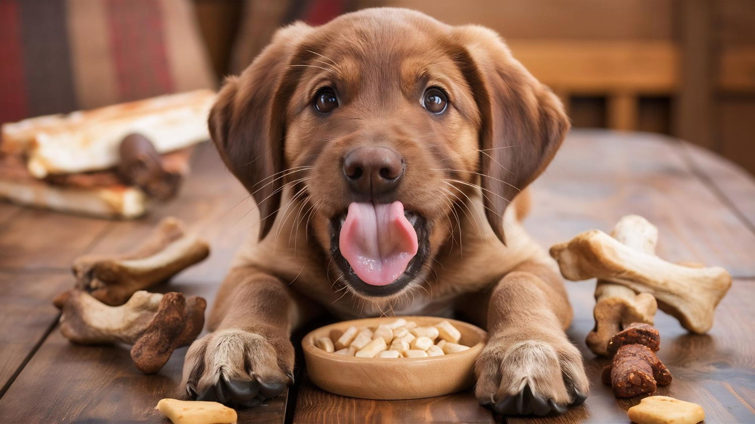 Cachorro filhote com ração brincando