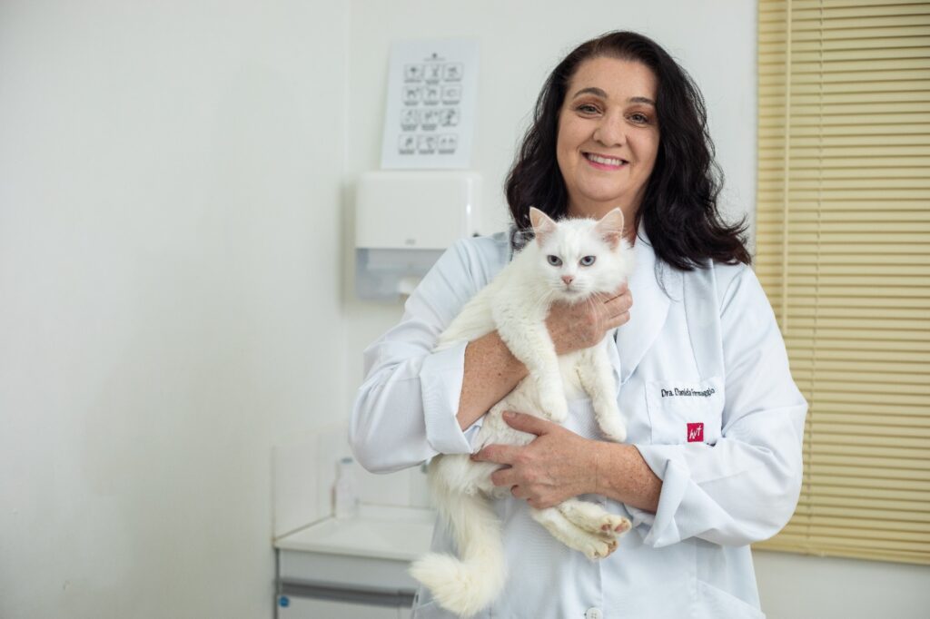 Médica-veterinária com um gato branco no colo
