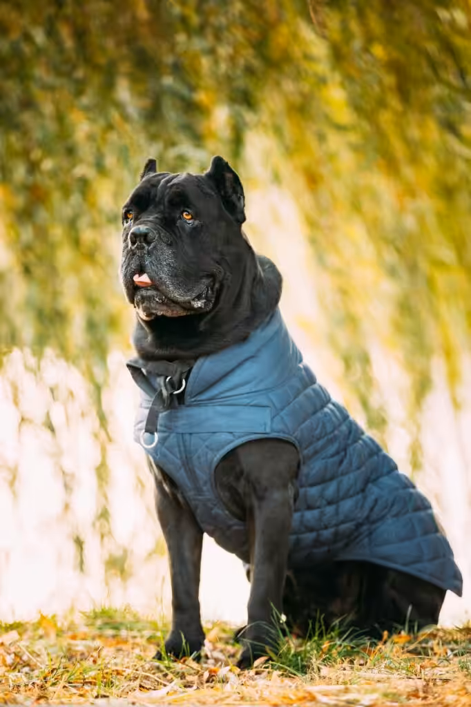 Black Cane Corso Dog Sitting In Grass. Dog Wears In Warm Clothes. Big Dog Breeds