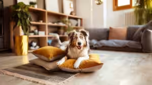 cachorro brincando com almofadas