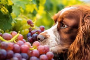 cachorro marrom cheirando uvas roxas