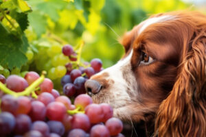 cachorro marrom cheirando uvas roxas