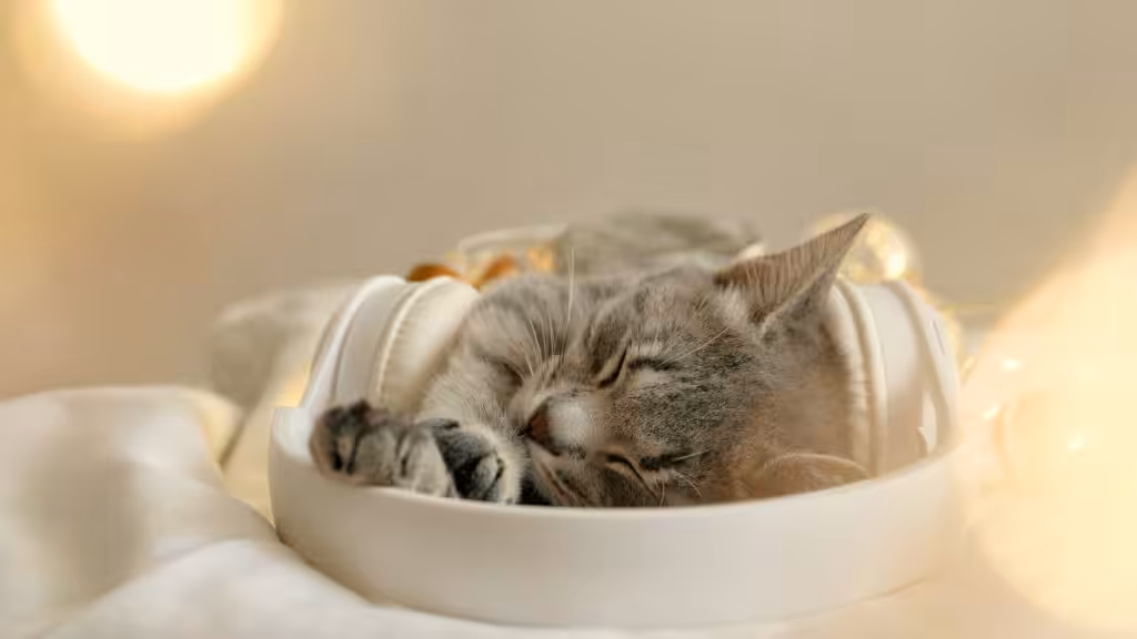 Cat with white wireless headphones lying and enjoys in comfortable bed