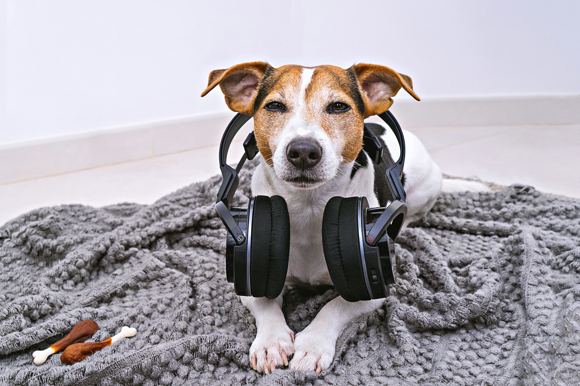 Dog with headphones lying and looking at camera