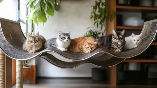 cinco gatos deitados juntos