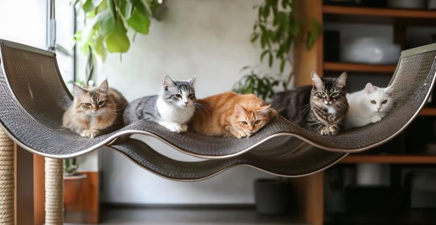 cinco gatos deitados juntos
