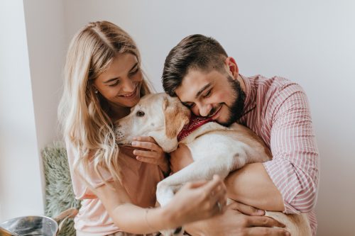 homem e mulher abrançando cão labrador
