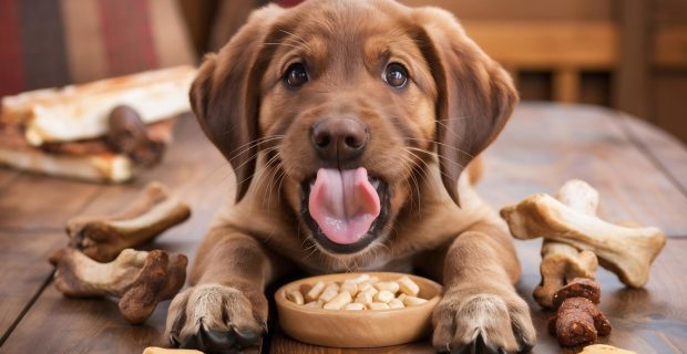 Cachorro filhote com ração brincando