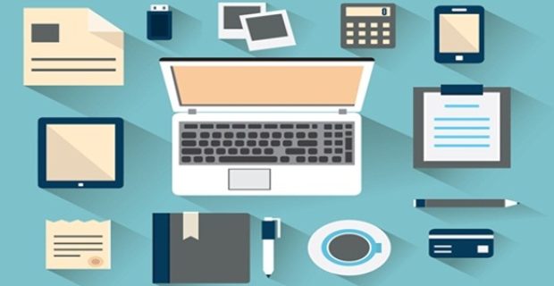 Workplace with mobile devices and documents. Flat style with long shadows - vector illustration