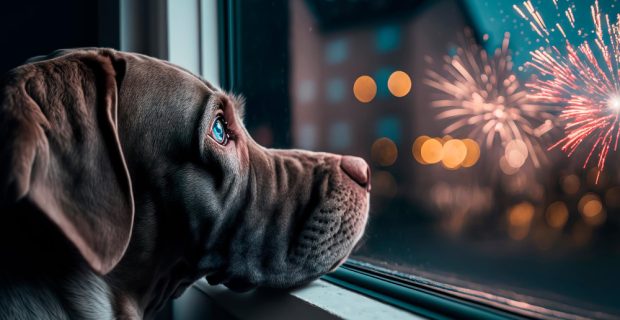cachorro-olha-pela-janela-e-observa-o-tiro-de-fogos-de-artificio-generative-ai