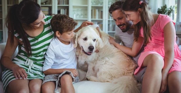 Family sitting on sofa with pet dog in living room
