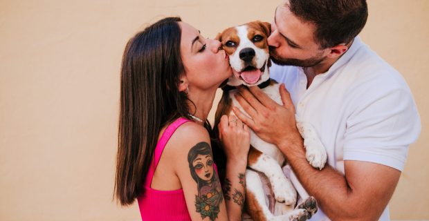 happy young couple outdoors kissing their beagle dog. Family and lifestyle