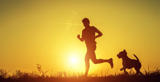 Active Man with dog running silhouette