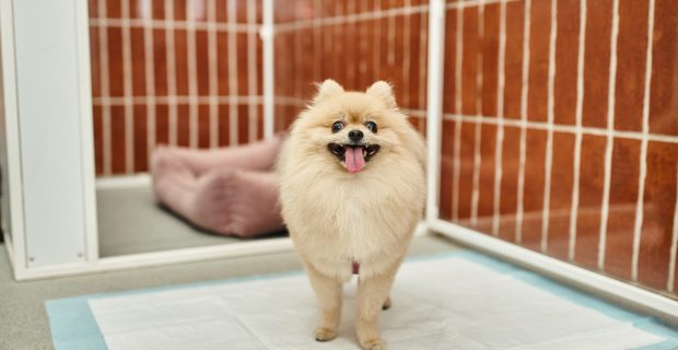 loveable pomeranian spitz standing on pee pad near comfortable kennel in pet hotel, cozy stay
