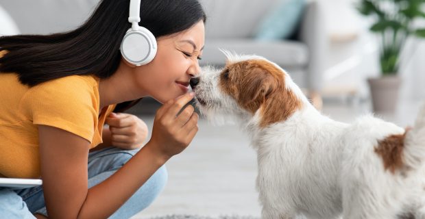 Loving asian woman cuddling with her pet at home