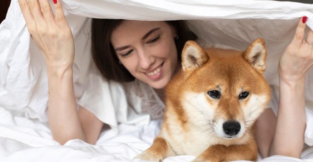 Young girl in bed with her pet