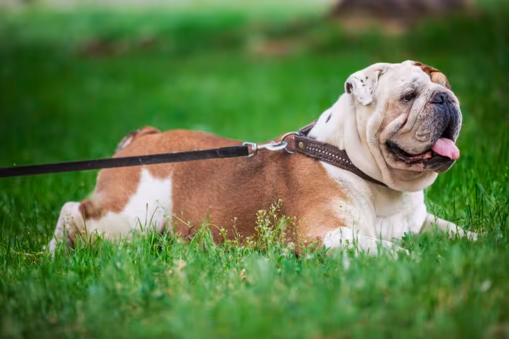 English bulldog lying on the lawn
