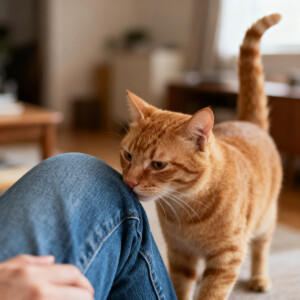 gato laranja na perna de uma pessoa