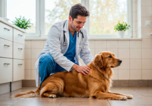 golden retriver no veterinário
