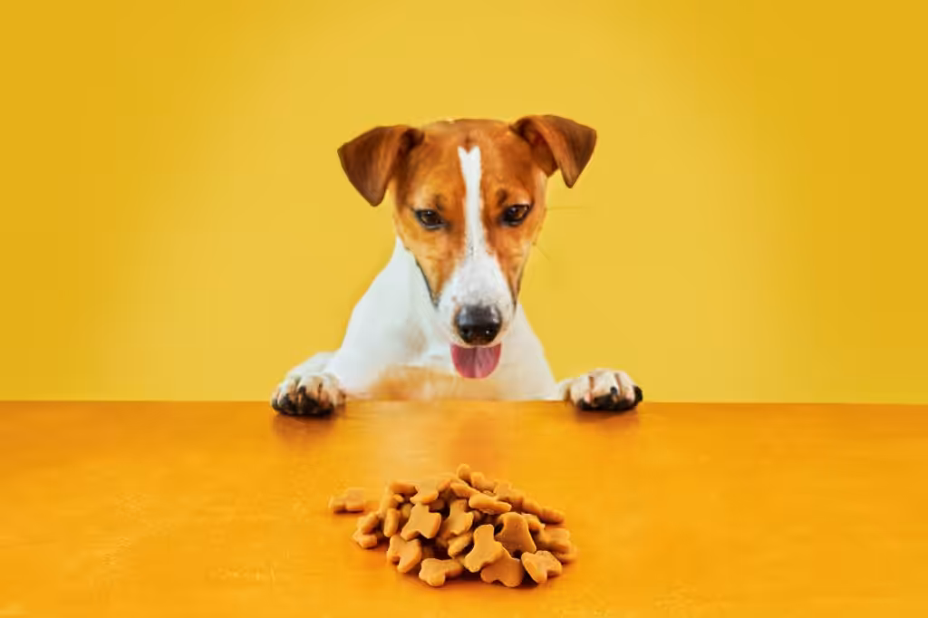 Jack Russell terrier dog eat meal from a table