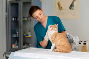 médica-veterinária examinando um gato