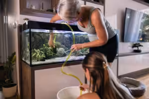 mulher limpando um aquário