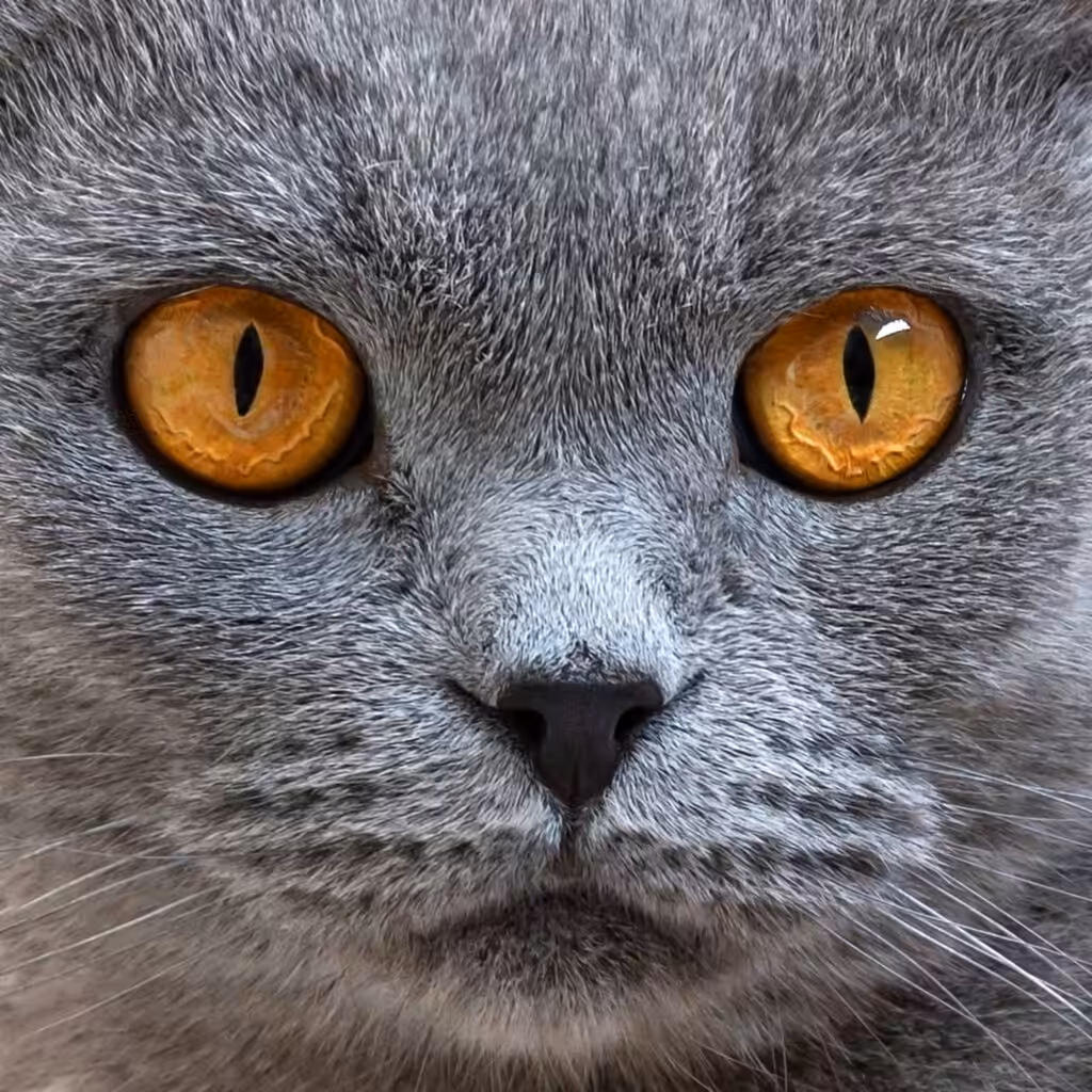 Portrait of gray scottish fold cat, close up. Focus on the beautiful orange cats eyes.