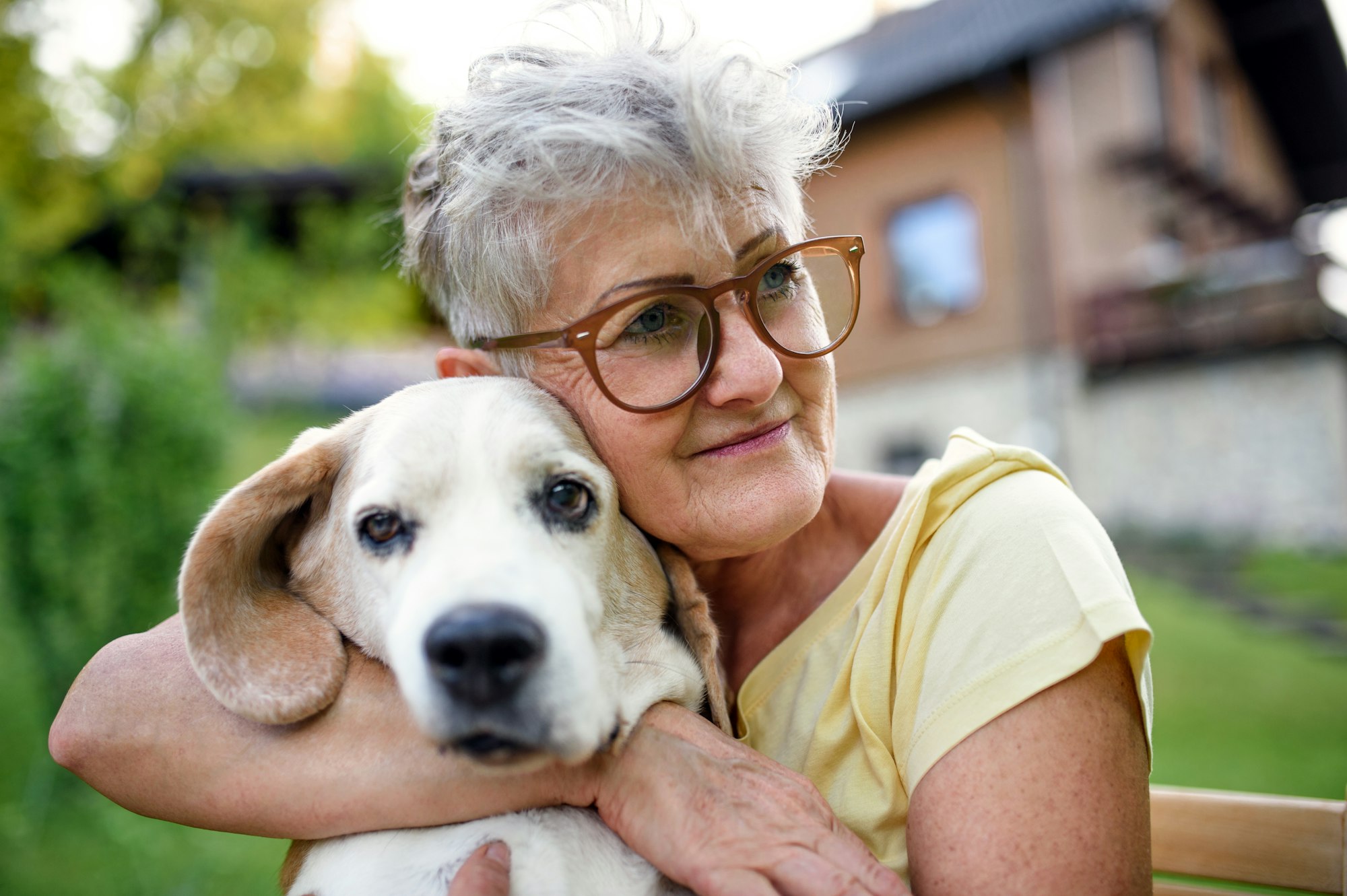 Portrait of senior woman sitting outdoors in garden, holding pet dog.