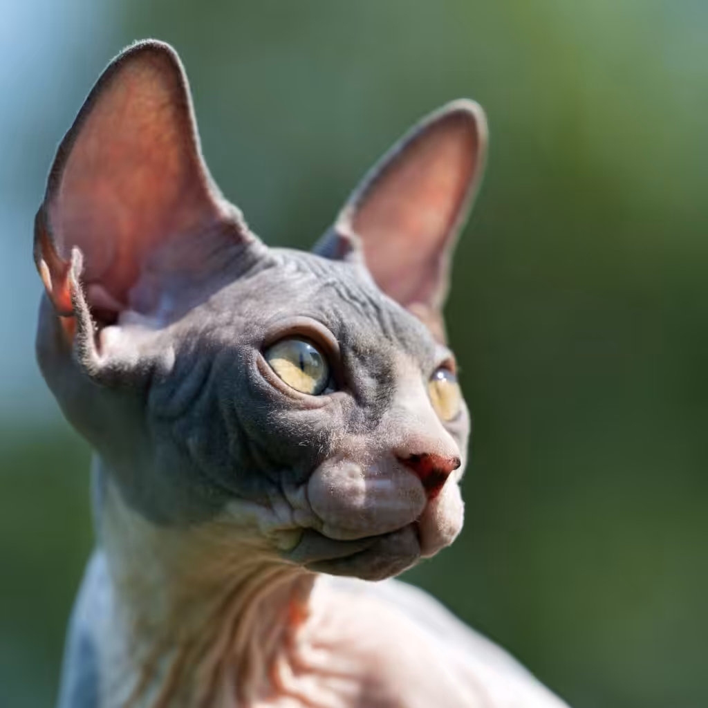Portrait of young blue and white Sphynx Cat with yellow eyes and large ears that show through in sun