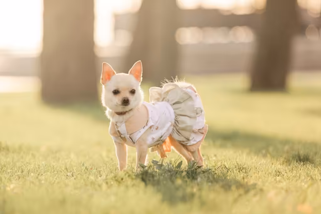 Small chihuahua dog in a dress stands in a field