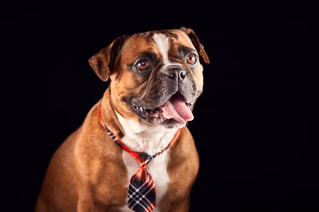 Studio Portrait Of Bulldog Puppy Wearing Tie Against Black Background