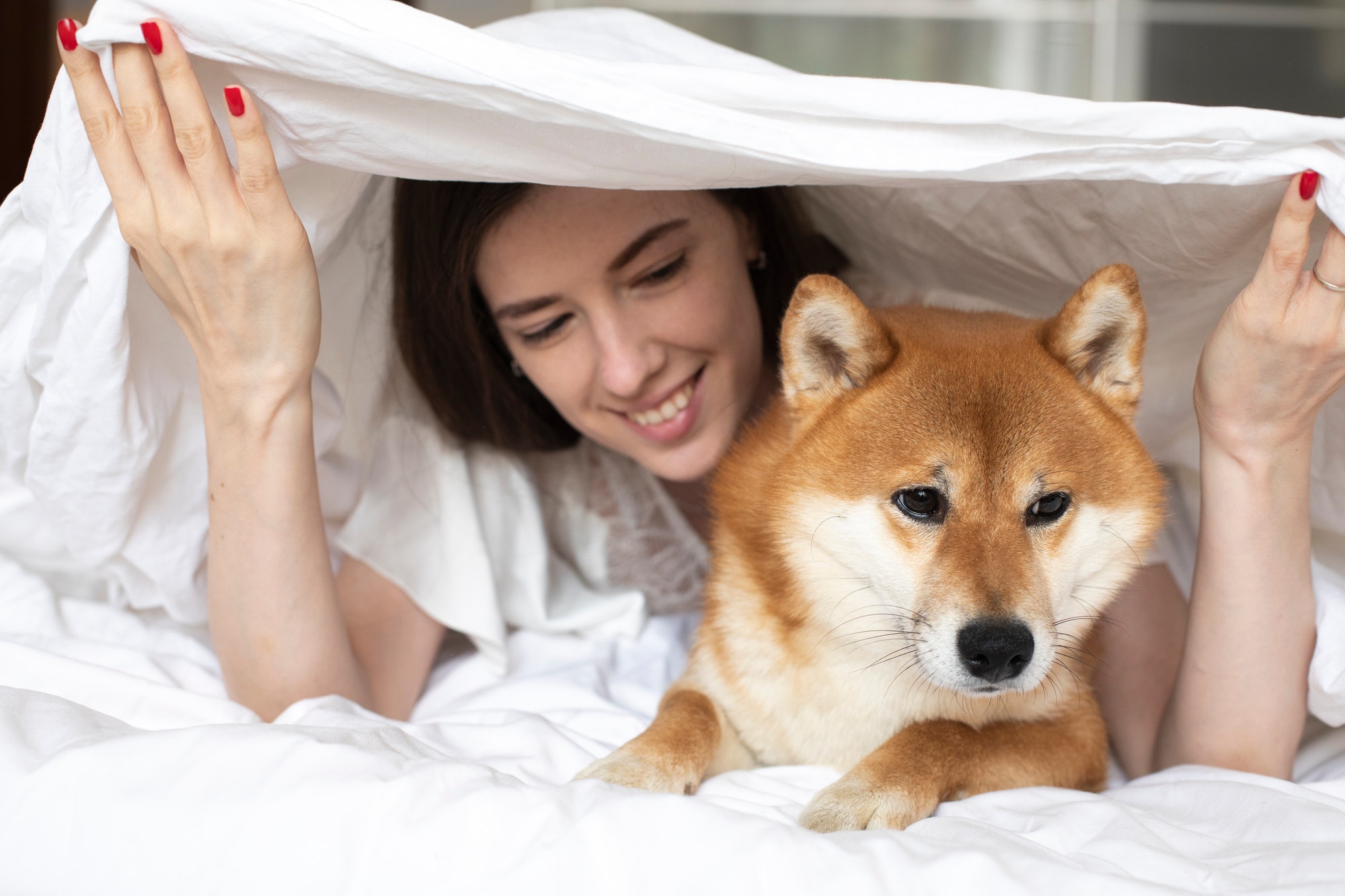 Young girl in bed with her pet